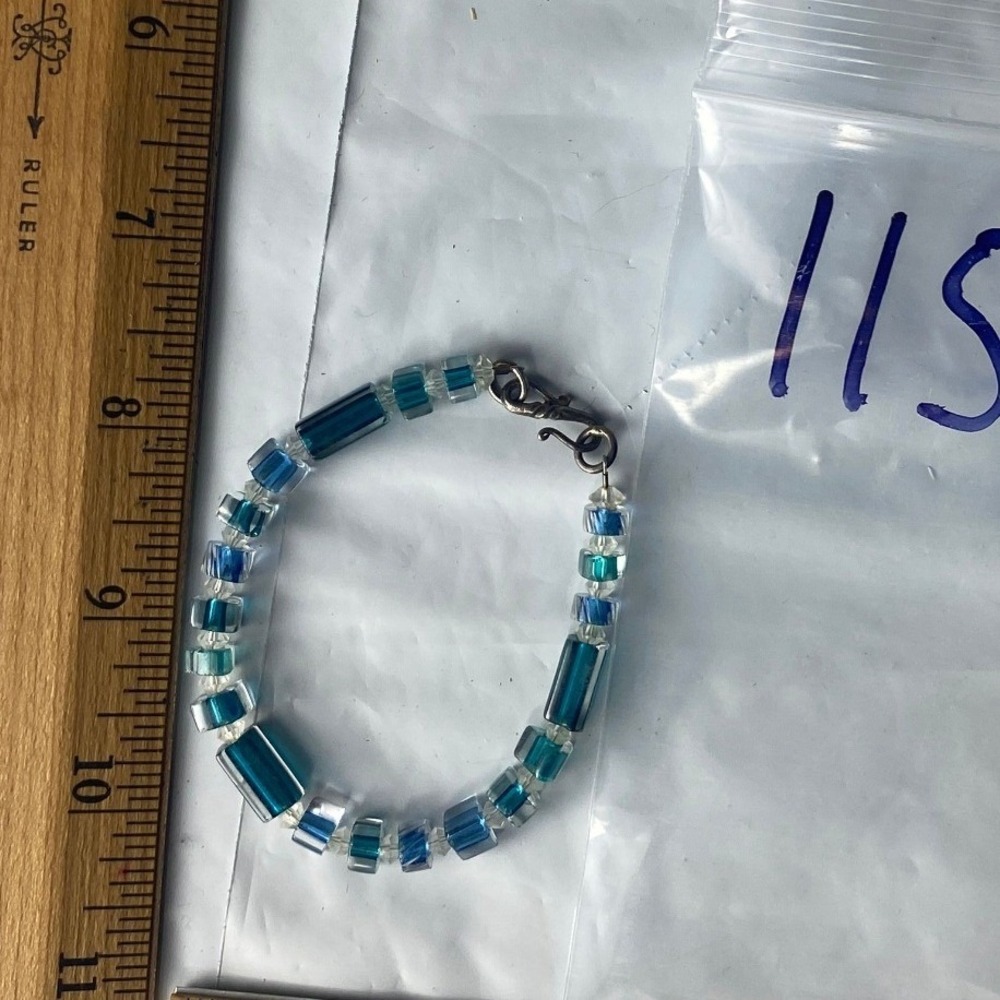 Blue Teal Glass Bead Bracelet Anklet Stretch Stretchy Handmade